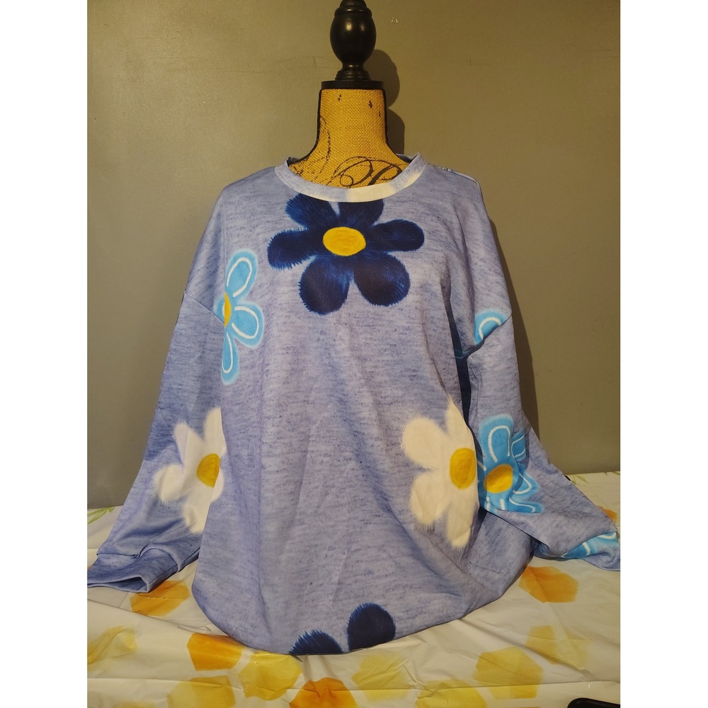 Emery Rose Women 4XL Blue Floral Daisy Print Long Sleeve Sweatshirt NWT